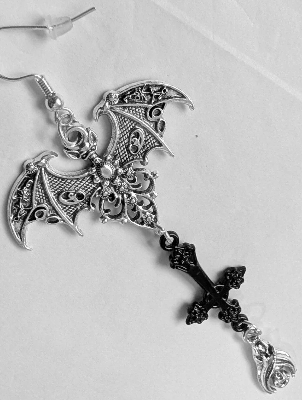 NWT Large Handmade Silver Double Bat Dangly Inverted Cross Earrings